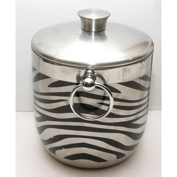 Oggi 18/0 Ice Bucket With Lid Nice Pre Owned Zebra Type Stripes Double Handles - Picture 2 of 7